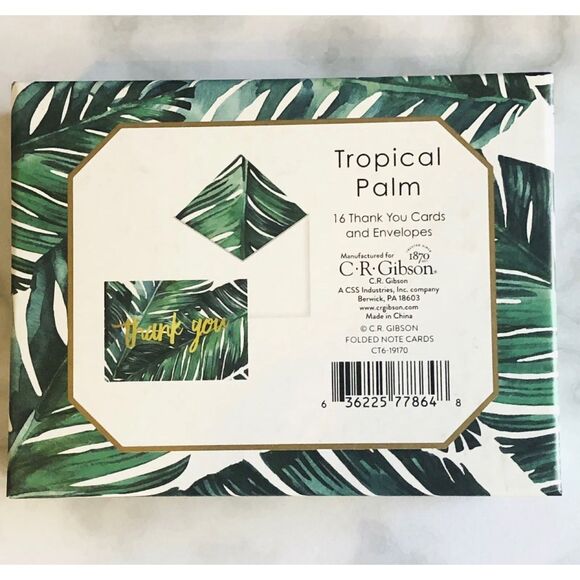 Thank You Note Cards Tropical Palm Leaf Box Set Green Leaves CR Gibson Gold - Picture 2 of 2